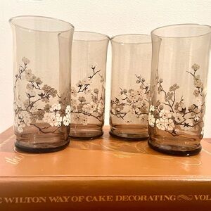 VINTAGE 70s Libbey Smoked Amber Glass Cherry Blossom Drinking Glasses - Set of 4